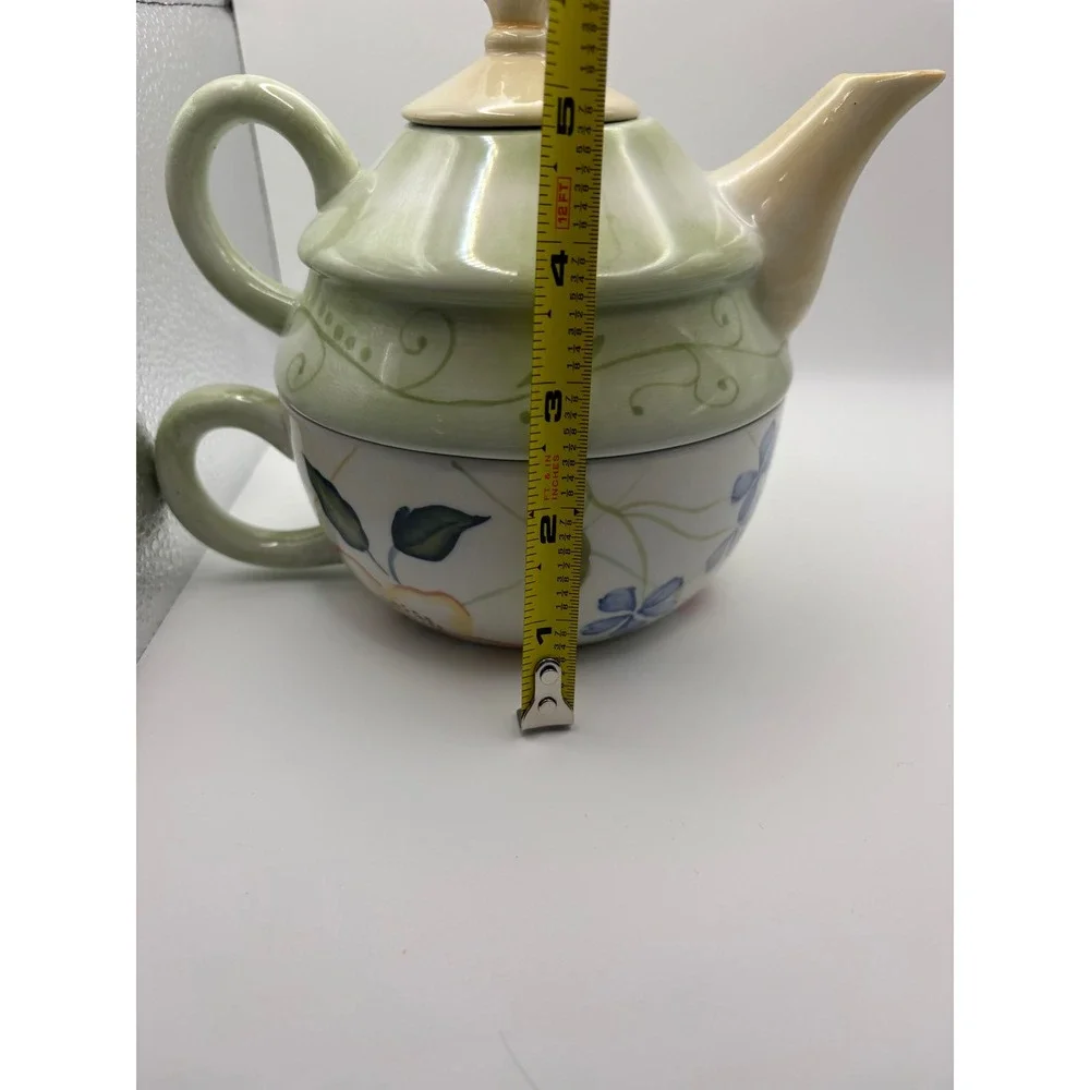 Tracy‎ Porter Hand Painted Ceramic Tea For One Set Stacking Teapot and Cup Green